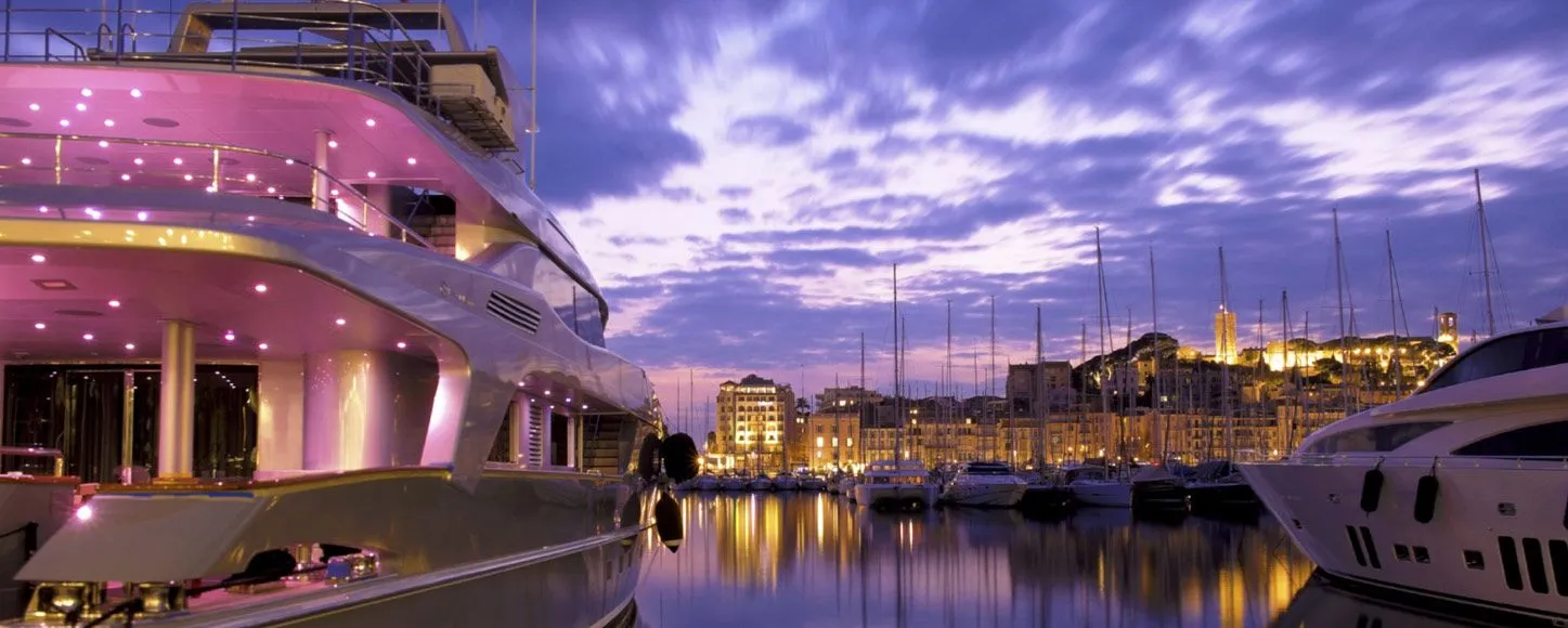 Cannes harbour at dusk
